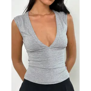 INAWLY Women's Casual Versatile Solid Color Deep V-Neck Camisole Tops Crop Tops