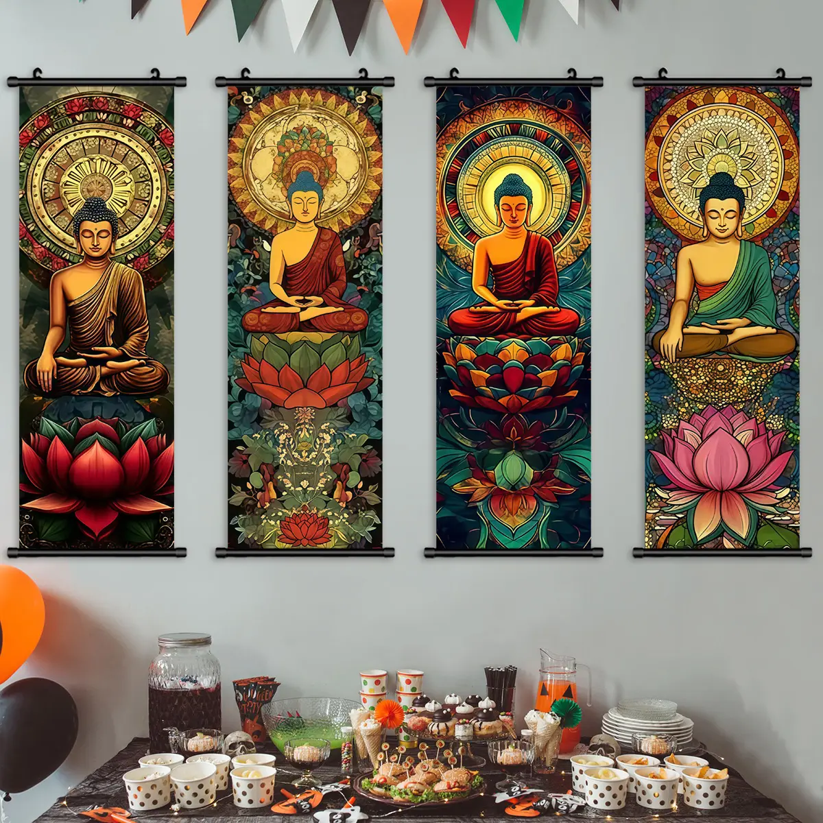 4-Piece Hanging Banner Set, Buddhist Buddha Lotus Art Poster, Modern Living Room Decor, Stylish Religious Decor, Waterproof Print, Fashion Home Decoration