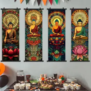 4-Piece Hanging Banner Set, Buddhist Buddha Lotus Art Poster, Modern Living Room Decor, Stylish Religious Decor, Waterproof Print, Fashion Home Decoration