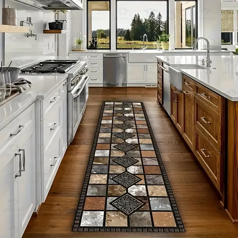 1 Luxury Crystal Velvet Non-slip Kitchen Mat-White, Beige And Brown Elegant Marble, Machine Washable Polyester Mat For Kitchen, Bathroom, Bedroom And Corridor Trim, Kitchen Carpet