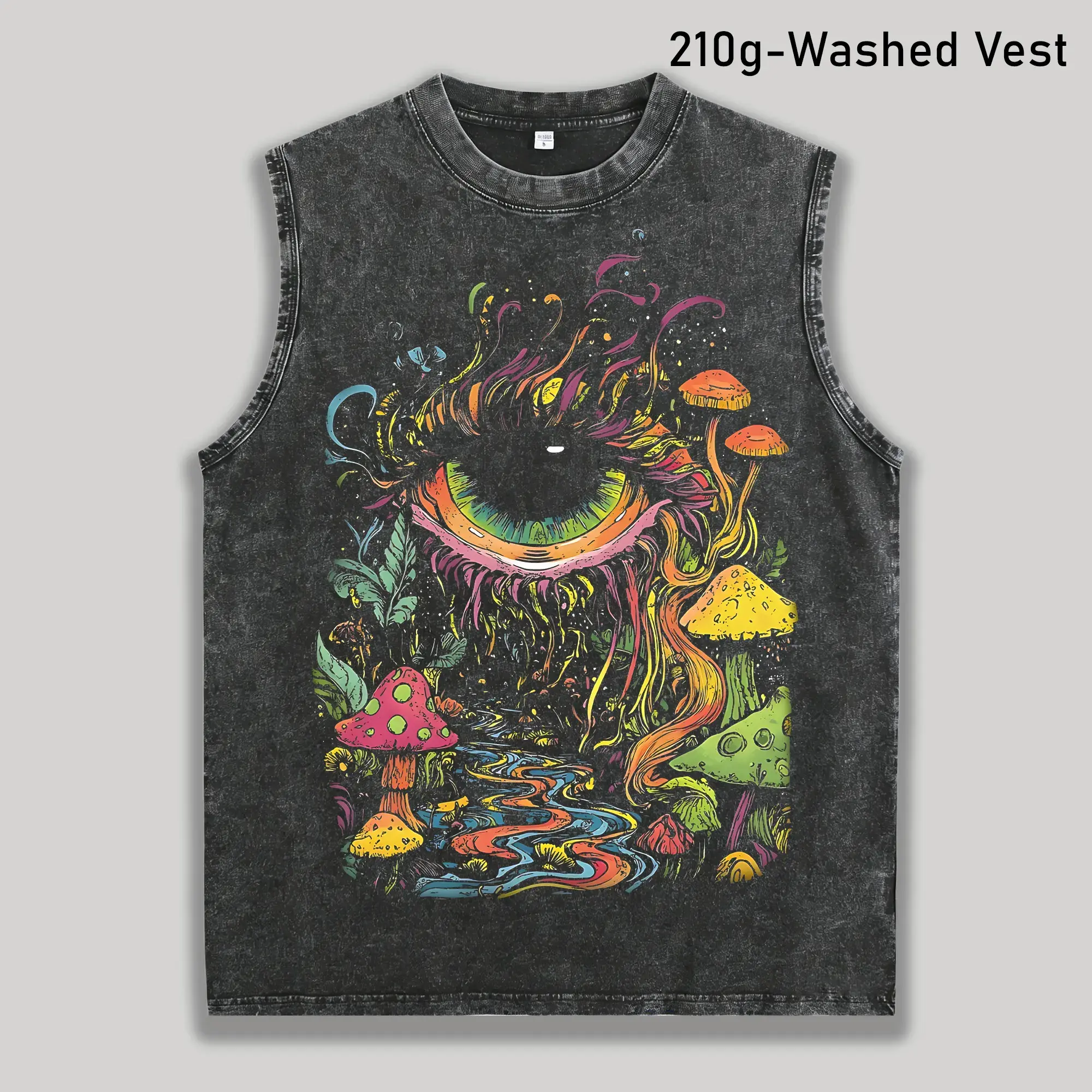 Vintage Acid Wash Trippy Eye Mushroom Graphic Muscle Tee 210g Heavyweight Tank Top Y2K Grunge Sleeveless Vest