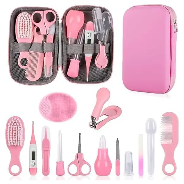 Baby Grooming Kit, Infant Safety Care Set with Hair Brush Comb Nail Clipper Nasal Aspirator,Baby Essentials Kit for Newborn Girls Boys (Pink Baby Groo