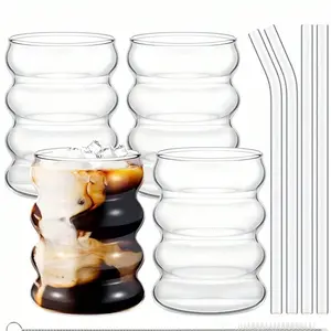 Set of 4 Glass Cups, 16 Oz Glass Water Bottle, Wave Bubble Glass Cup, Glass Tableware with Wave Pattern, Beer Mug, Coffee Ice Cup