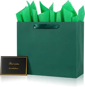 Elegant Green  Bag 11.8"x4.5"x9.8" with Ribbon Handles, Includes Card and Tissue Papers,  for Birthdays, Weddings, Parties, Holidays,  Shower