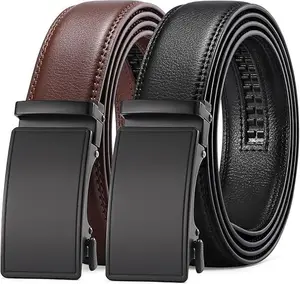 2 Pack Men’s Ratchet Leather Belt – Adjustable Automatic Buckle Formal & Casual Belt Set