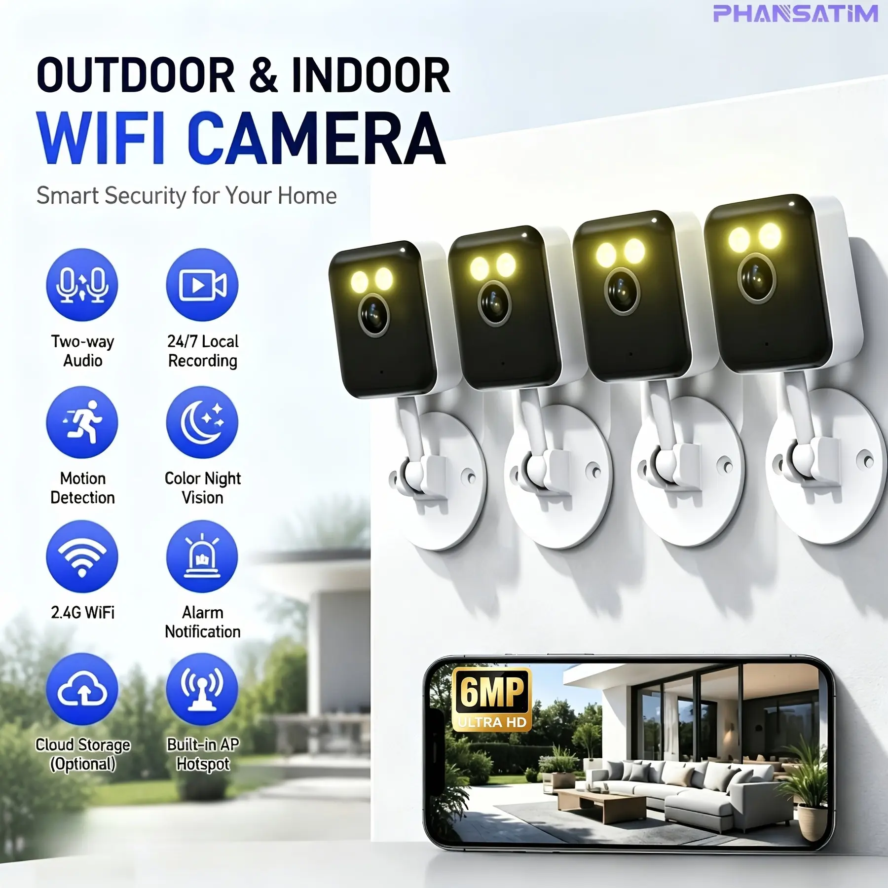 4-Pack 6MP Indoor Security Camera, Compatible with Alexa, AI Motion Detection & Alarm Recognition, Full-Color Night Vision, Two-Way Audio, 2.4G WiFi, Compact Easy Setup, Smartphone App Control, Home Surveillance for Pet Dog Cat Baby Elderly.