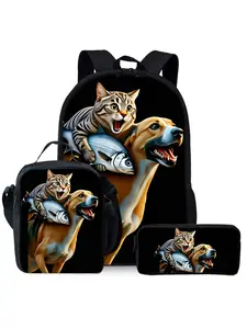 Cat fish dog printed backpack three piece set lunch bag pencil case backpack