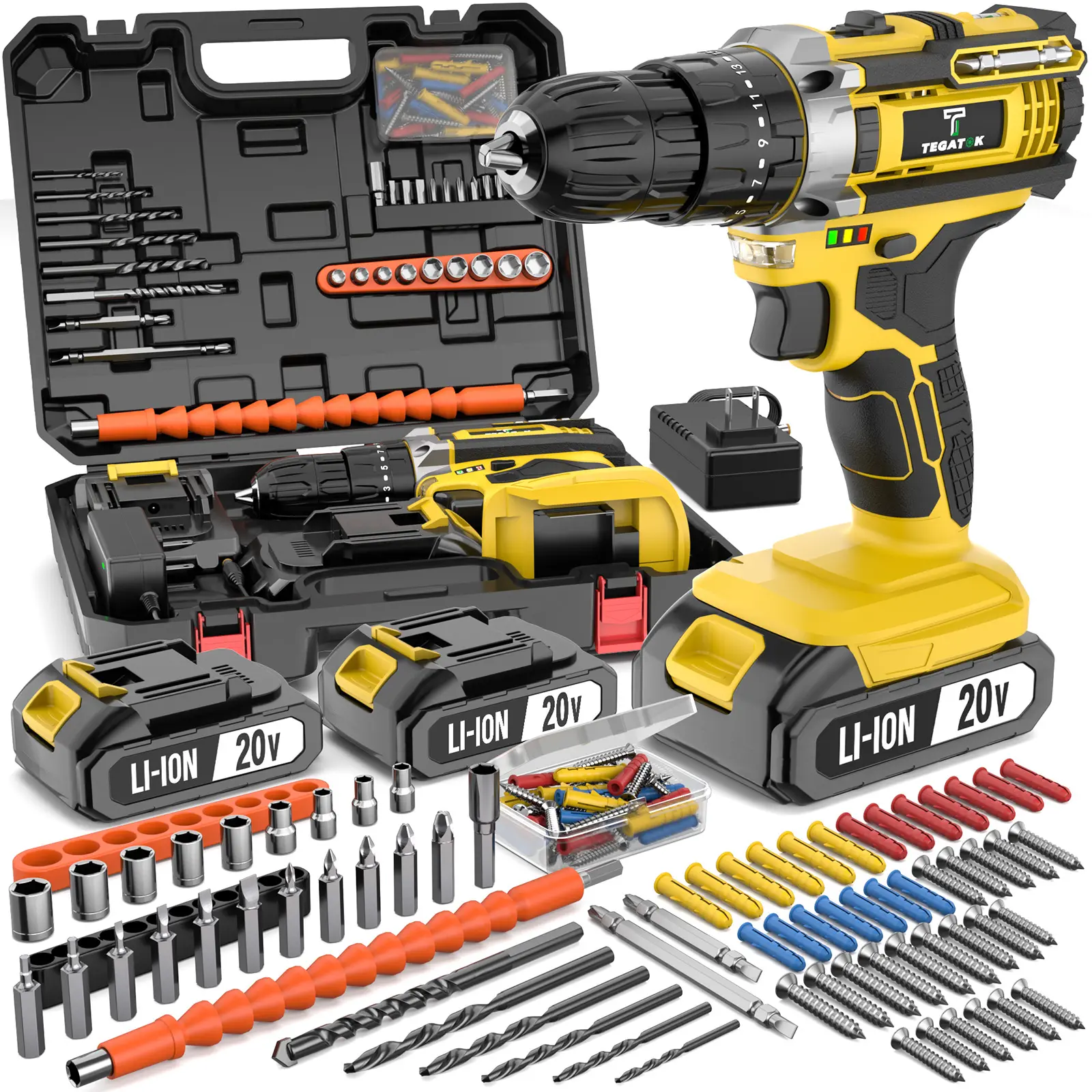 【DealsForYouDays】20V Cordless Drill Set, Impact Power Drill With 3/8 Inch Keyless Chuck, 18+3 Clutch Electric Drill With Work Light, Max Torque 45Nm, 2-Variable Speed & 2.0AH Batteries And Fast Charger