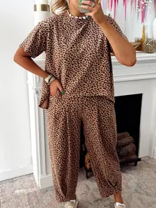 Brown Leopard Loose Tee Drawstring Waist Barrel Pants Set