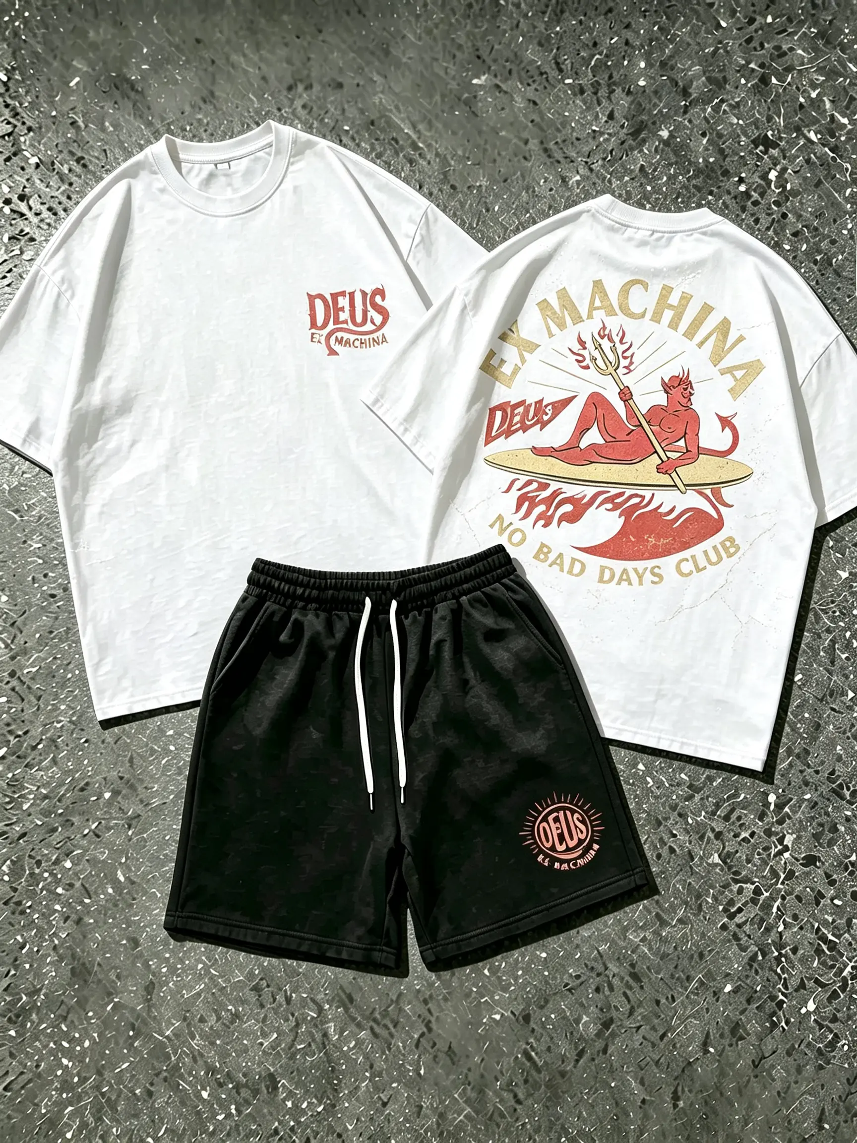 Cotton Men’s Vintage Surf Graphic T Shirt and Shorts 2 Piece Set, Oversized Short Sleeve Streetwear Tee with Relaxed Fit Drawstring Shorts, Retro Beach Inspired Summer Matching Outfit for Vacation, Travel, Weekend, Outdoor and Daily Casual Wear