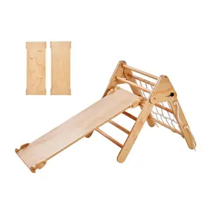 VEVOR Pikler Triangle Set, 4 in 1 Toddler Climbing Toys Indoor Playground, Large Size Wooden Climbing Gym for Toddlers 1-3 Years, Montessori Climbing Set with Triangle and Ramp, Wood Color
