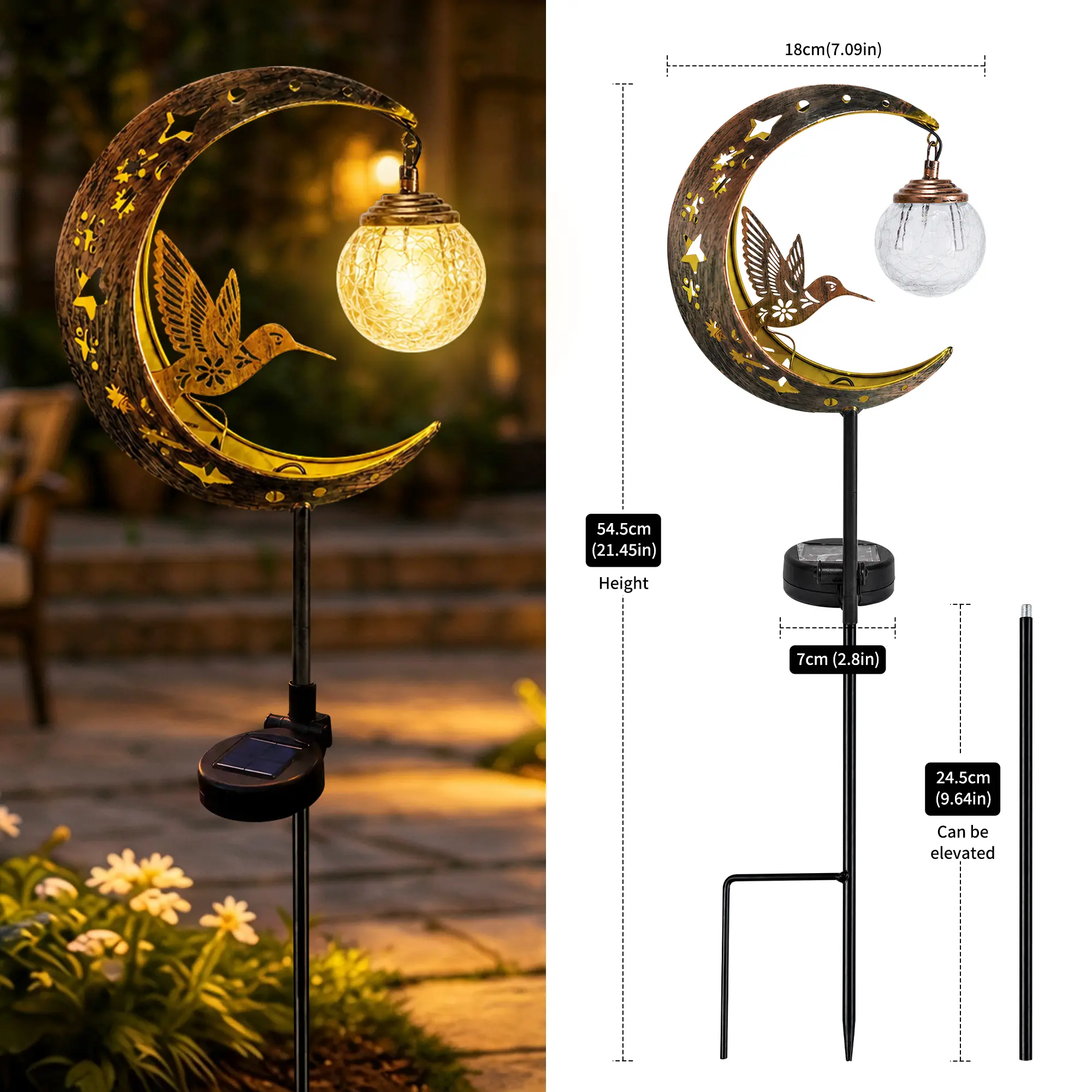 2026 Solar Hummingbird Moon Garden Stake Light - Waterproof, Metal Crescent-shaped with Crackle Glass Globe Ball,  for Outdoor Patio, Lawn Home Festive Decorations, Halloween decor