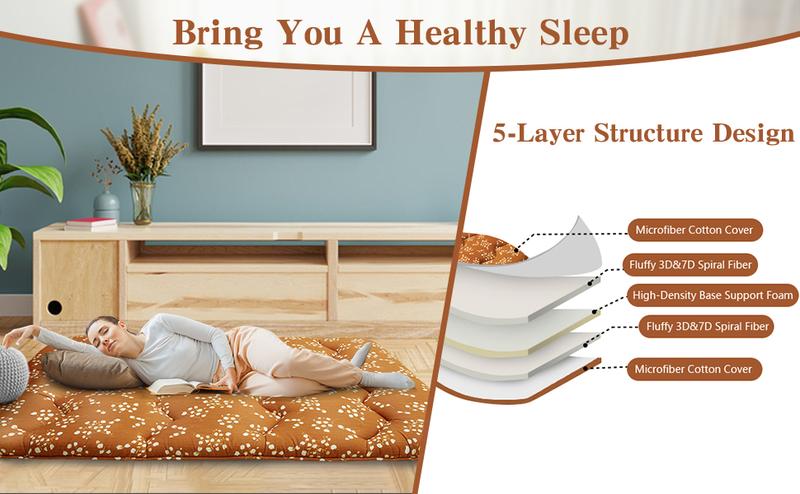 【GARVEE】Floral Pattern Japanese Futon Mattress, Full Size Sleeping Mattress for Adults, Guest Room, Floor Use, Roll Up for Camping and Versatile Comfort