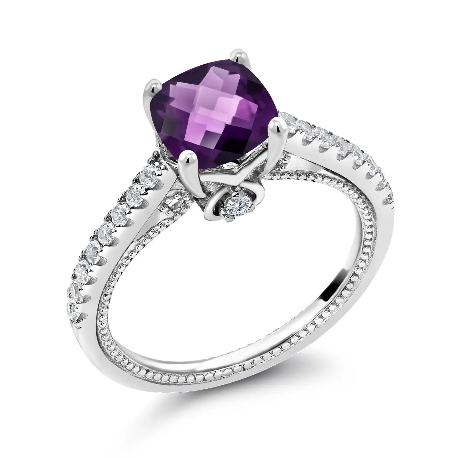 925 Sterling Silver Cushion 7MM Gemstone Birthstone and White Created Sapphire Engagement Ring | Wedding Engagement Anniversary Promise Ring For Women