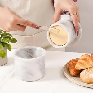 Elborse Marble Butter Keeper with Lid Handmade French Butter Crock for Countertop, 4.25” Butter Dish for Kitchen Decor, Butter Holder for Spreadable Butter Storage