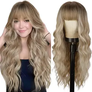 AISI HAIR Blonde Wig With Bangs Long Wavy Curly Ombre Wig with Dark Root Synthetic Heat Resistant Wigs for Women Daily Party Use Ombre Long Soft Fluffy Adjustable Straps More Durable