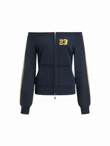 Cider 23 Terry Off-shoulder Side Striped Zip Through Sweatshirt