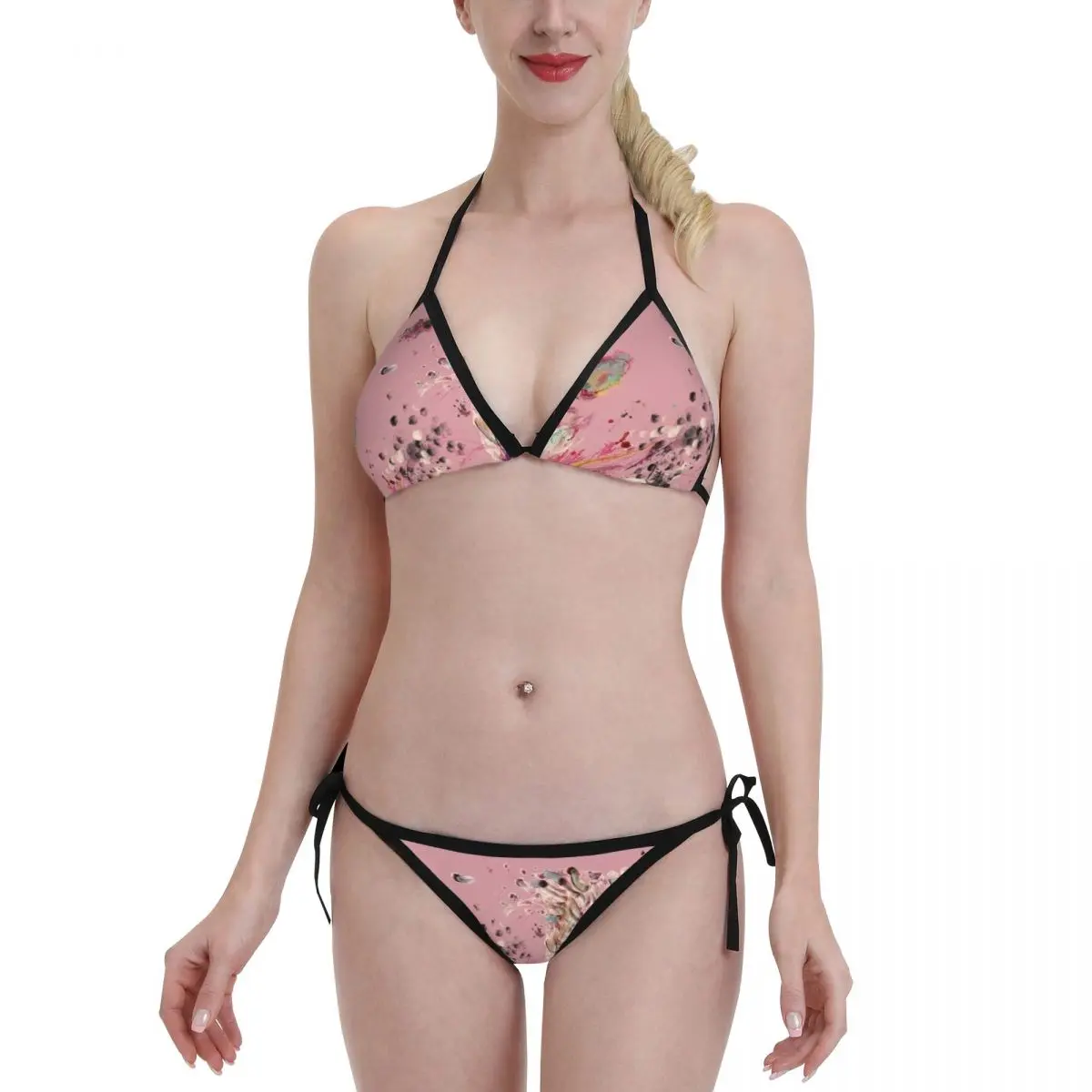 Women's Triangl Bikini Sets, 2-Piece Curve-Hugging High-Waisted Swimwear with Adjustable Triangle Top, Side-Tie Bottoms, Removable Pads, Abstract Print, Breathable Medium-Stretch Fabric, Quick Dry, Machine Washable, Do Not Bleach