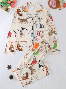 Women's Cartoon Cat Print Pajama Set, Casual Fitted Long Sleeve Top & Comfortable Pants, All-Season Home Wear, Loungewear, 2 Piece Sleepwear