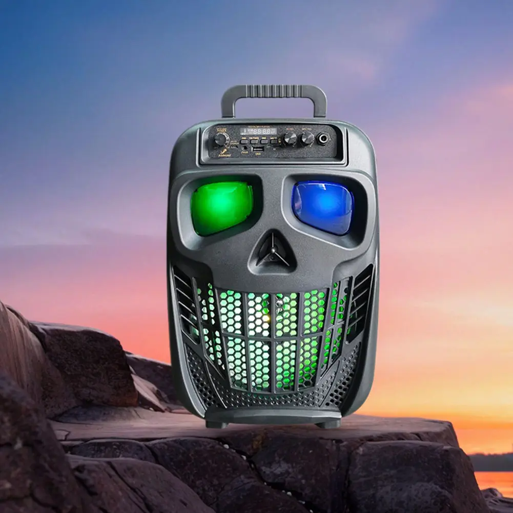 Skull Wireless Portable Bluetooth 5.0 Speaker with 1-Microphone Karaoke PA System, Rechargeable Stereo Audio, Charging, Remote Control, Wired Connection, Auxiliary Input, USB/TF Card Support, AUX Cable, Lights for Halloween Home Party, Birthday Gifts, Aux