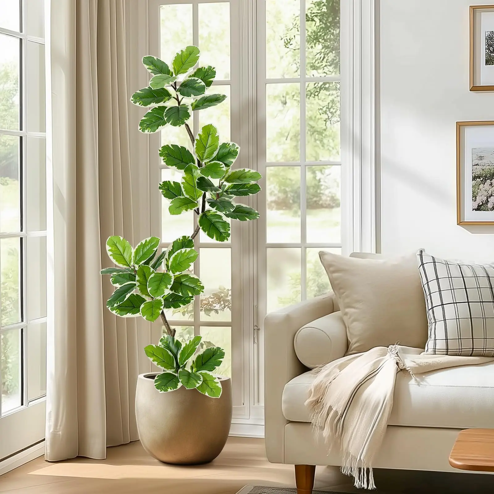 Garvee Realistic Indoor Artificial Ficus Lyrata Variegata Plant with Ceramic Pot, Maintenance-Free Decorative Floor Tree Available in 1.5m and 1.8m Heights, Perfect for Living Rooms, Bedrooms, and Offices
