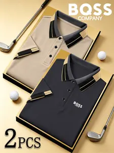 Men's Fitted Polo Shirt, Geometric Pattern, Casual Style, Breathable and Comfortable, Four Seasons Wear, High-Quality Bqss Logo Print