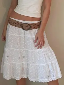 Bohemian Casual Style Textured A-Line Midi Skirt for Women with Ruffle Trim, Loose-Fitting Polka Dot Design for Leisure Wear