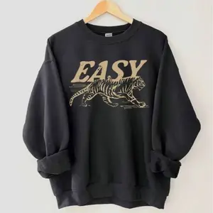 Baian - Vintage Easy Tiger Sweatshirt, Vintage Animal Graphic Tiger Tee, Unisex Boho Aesthetic Sweater, Soft Retro Style Top Pullover- Cotton Black Matching