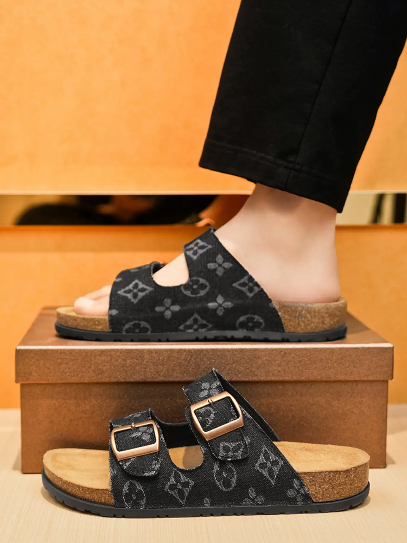 Unisex Retro Geometric Pattern Cork Slippers, Dual Buckle Design, Non-Slip Sole, All-Season Daily Wear, Comfortable Footwear