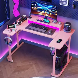 51 inch Gaming Desk with LED Lights, U-Shaped Computer Desk with Monitor Stand, Hooks and Cup Holder, Home Office Desk, Pink