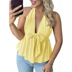 Tankaneo Womens Striped V Neck Halter Tops Babydoll Summer Bow Tie Front Backless Shirts Peplum Y2k Going Out Tank Tops