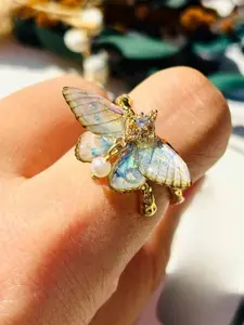 Vintage Court Style Oil Drop Artificial Pearl Moth Open Ring, Elegant Women's Creative Party Jewelry, Versatile Insect Design Ring, Imitation Pearl Ring