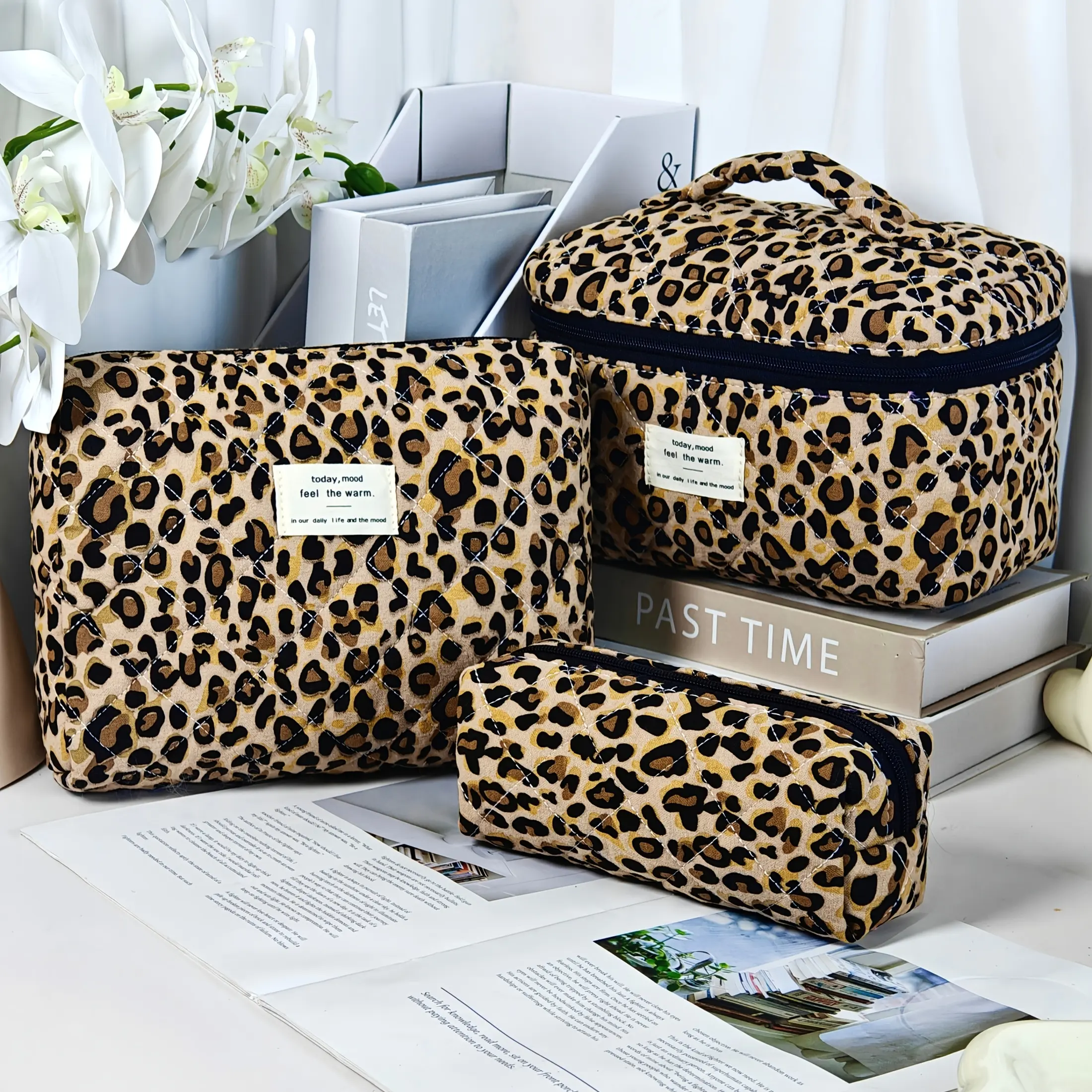 FEVERLZONG Women's 3-Count Leopard Print Polyester Makeup Bag Set - High-Capacity Cosmetics Organizer, Travel Kit Make-Up Bags with Exquisite Zipper for Everyday Glam Storage & On-the-Go Use