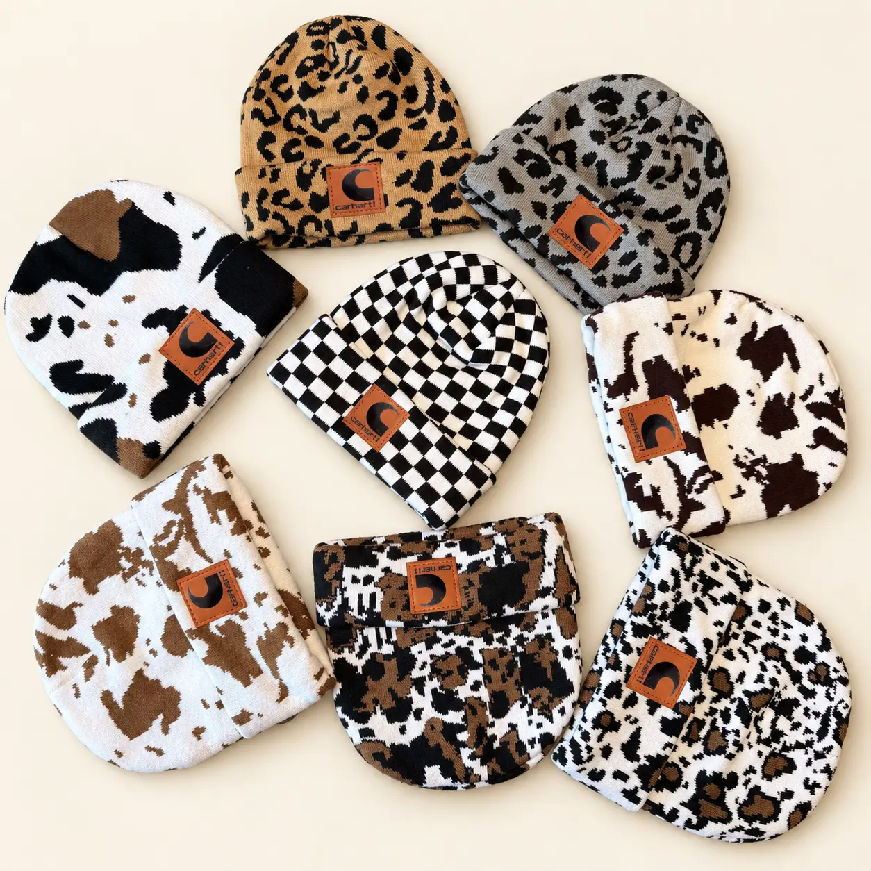 Animal Jacquard Knit Beanie, Vintage Cow Spot, Leopard, Checkerboard or Graphic Pattern Winter Cap, Unisex Folded Cuff Streetwear Hat for Women Men & Teens