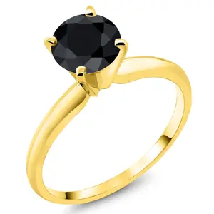 Gem Stone King 14K Yellow Gold Black Sapphire Solitaire Engagement 4-Prong Ring For Women | 1.15 Cttw | Round 6MM | Gemstone Birthstone | Wedding Engagement Anniversary Promise Ring For Women