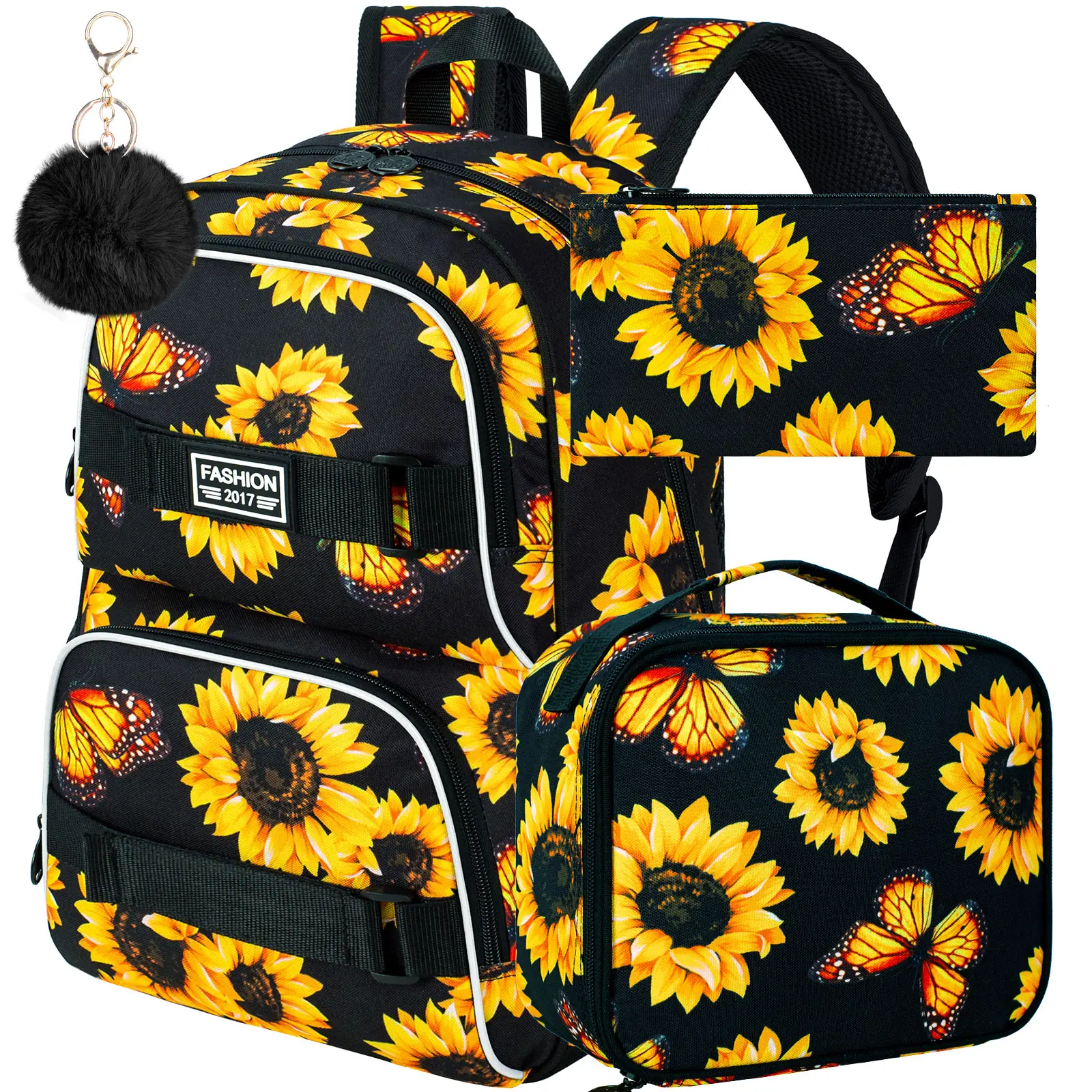 3Pcs Backpack for Girls Women, 17 Inches Sunflower Laptop Backpacks with Lunch Bag, Water Resistant College School Bookbag Set for Teens Students(Yell