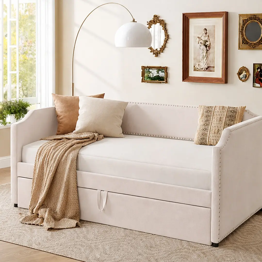 Twin Size Velvet Upholstered Daybed with Pop Up Trundle, Beige/Gray/Pink/Wine Red Options, 2-in-1 Sofa Bed Frame for Bedroom Guest Room Sleepovers, 81L x 44W x 35.5H, No Mattress, Twin Size Options, Beige/Gray/Pink/WINE RED Color Options