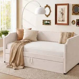 Twin Size Velvet Upholstered Daybed with Pop Up Trundle, Beige/Gray/Pink/Wine Red Options, 2-in-1 Sofa Bed Frame for Bedroom Guest Room Sleepovers, 81L x 44W x 35.5H, No Mattress, Twin Size Options, Beige/Gray/Pink/WINE RED Color Options