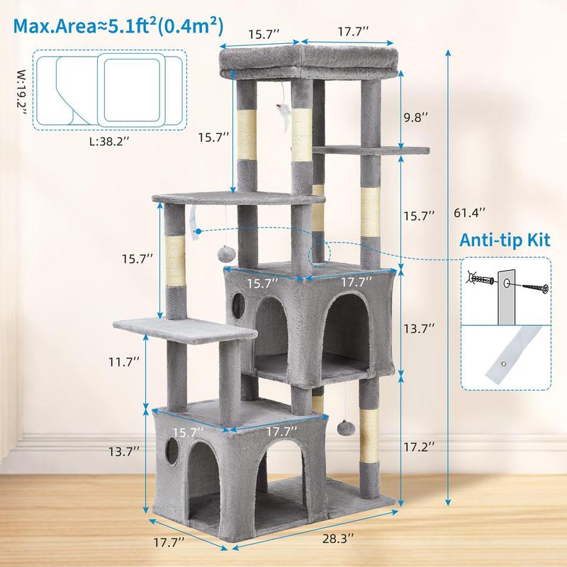 61" Multi-Level Cat Tree for Indoor Cats, Heavy-Duty Tower for Large Adult & Maine Coon Cats with Oversized Perch, Dual Condos, Natural Sisal Scratching Posts & Play Toys