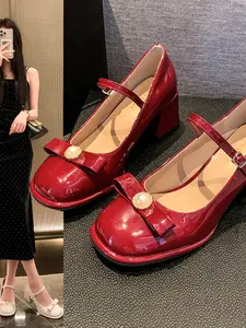 French Bow One Strap High Heel Mary Jane Shoes, Vintage Short Height Thick Sole Chunky Heel Single Shoe for Women