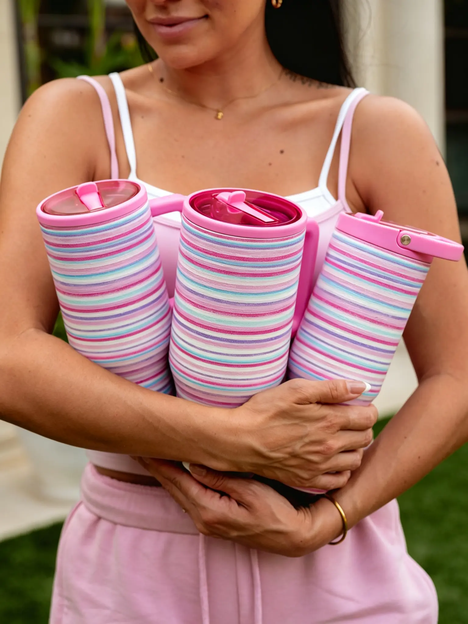 HydroJug 40oz Pastel Pink Purple Striped Handle Tumbler, Matching Pink Straw Lid, Leakproof Insulated Stainless Steel Mug, 24 Hour Cold Retention Girly Cup for Car Travel, Office & Daily Commute Drinkware Flasks Bottled Bottles Portable Water Bottles