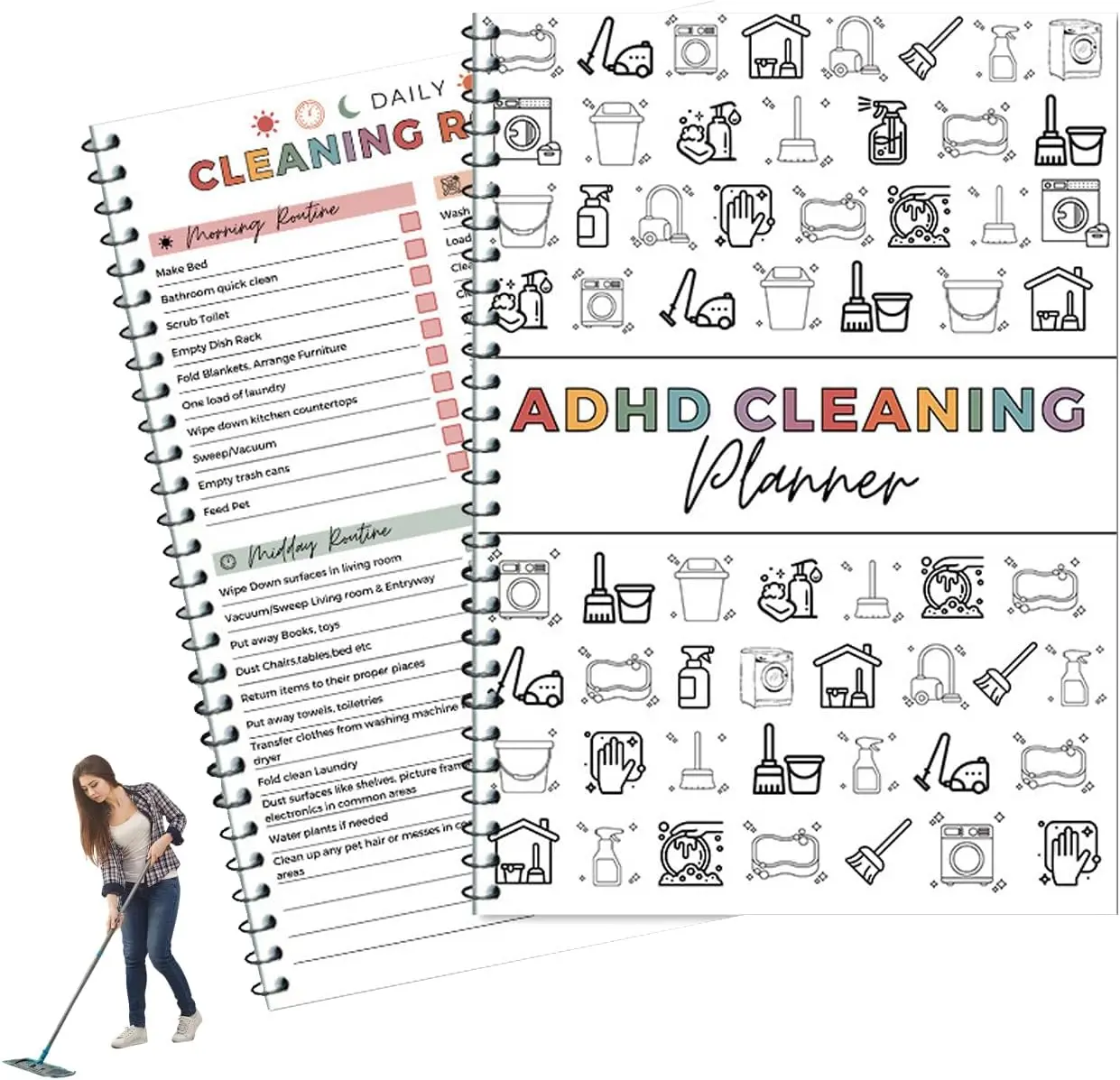 A cleaning task organizer kit  includes a household cleaning schedule, a weekly, monthly, and annual cleaning list, organizing tips, and a household chore chart.