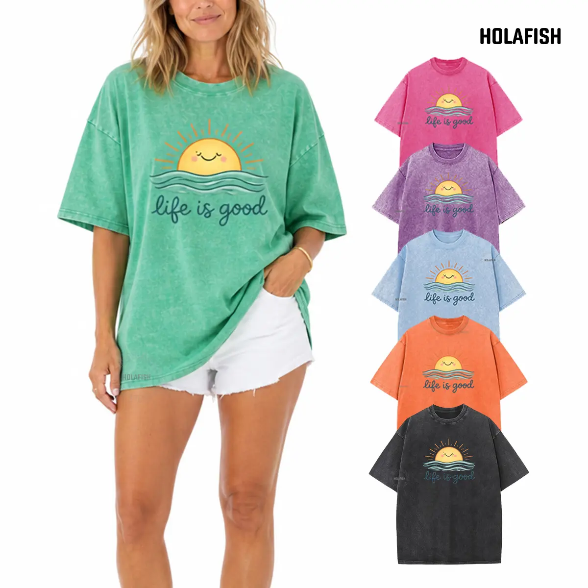 Holafish Women's Vintage Acid Wash Graphic T-Shirt - Soft Cotton, Oversize Fit, Short Sleeve Crew Neck Top, Long-Wear Bold Print, Unique Wash Tones, Preppy Casual Streetwear for Jeans & Coats, Essential Valentines Day Pick