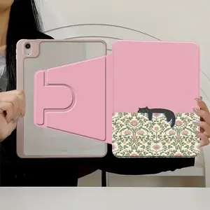 Pink Floral Cat Aesthetic iPad Case, 360° Rotating Shock-Absorbing Protective Case, Cute Vintage Design, Scratch-Resistant Hard Back, Slim Durable Tablet Case, Fits iPad (A16) 6th/9th Gen, Ideal for Everyday Carry & Gift for Cat Lovers