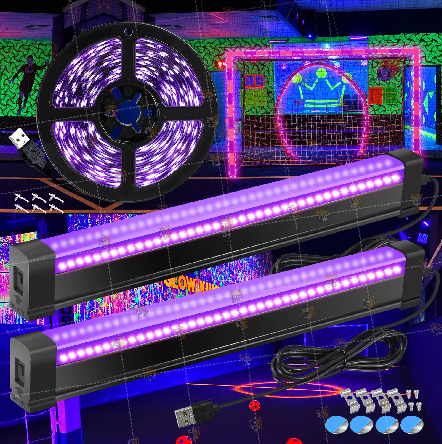 OYCIJE Magnetic Black Lights Combination Set - 2 Packs 32cm/12.6inch LED Units, 1 Pack 2.5M LED Strip, DC 5V USB Power Supply, Novelty Lighting for Halloween Glow Parties, Cabinet Display Accents, Led Lights
