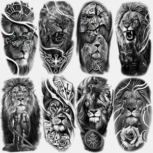 8 Piece Set Realistic Lion Temporary Tattoos, Tribal Warrior Rose Poker Compass Design, Waterproof Fake Sleeve Tattoo Stickers