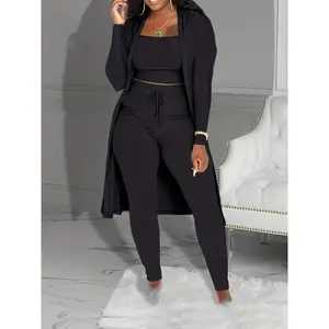 [Casual Three-piece Set] Three-piece Set - Ribbed Solid Casual Open Front Long Sleeve Cardigan & Tank Top & Lace Up Pants Outfits, Women's Clothing summer  two  pieces  et Stripe Oversized Lounge Set Womenswear Crew Neck Knit Polyester Suits Trouser