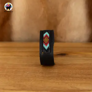 Indigenous Creations Beaded Cuff Bracelet Handmade by Indigenous Hands Leather Unisex Adjustable Strap 10.5" Length 9" Adjustable Cuff Handcrafted Elegance