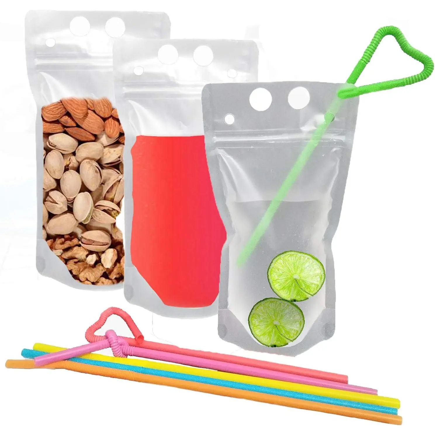 Drink Pouches Bag with Straws 20 Pack 8oz Plastic container Reclosable Zipper Hand-held Heavy Duty Ice Drinking Juice Pouches Bags
