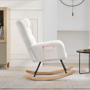 Rocking Chair for Nursery, Teddy Upholstered Glider Rocking Chair, Modern Gilder Rocker with High Backrest and Headrest, Rocking Accent Chair for Living Rooms, Bedrooms, Offices, Beige